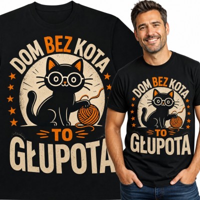 Koszulka męska z czarnym kotem w okularach i napisem „Dom bez kota to głupota”