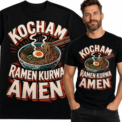 Koszulka męska z miską ramenu i pałeczkami „Kocham ramen kurwa amen” - dla smakosza