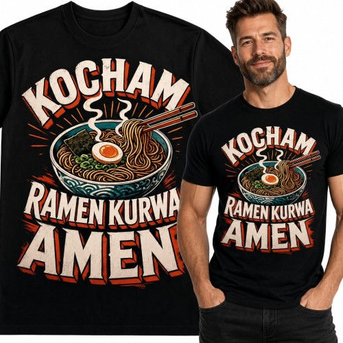 Koszulka męska z miską ramenu i pałeczkami „Kocham ramen kurwa amen” - dla smakosza