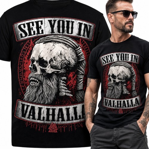 Koszulka męska z czaszką wikinga i runami „See You in Valhalla”