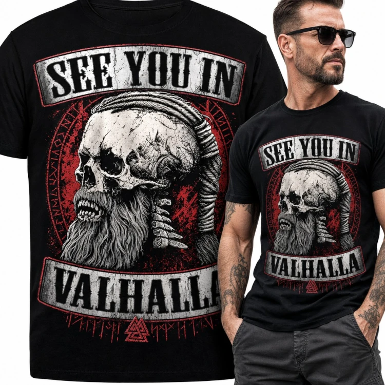 Koszulka męska z czaszką wikinga i runami „See You in Valhalla”