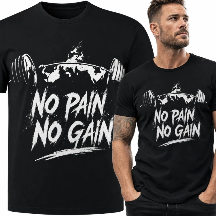 Koszulka męska „No Pain No Gain” ze sztangą na siłownię