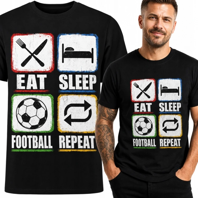 Koszulka męska z piłkarskimi piktogramami „Eat Sleep Football Repeat” - dla kibica