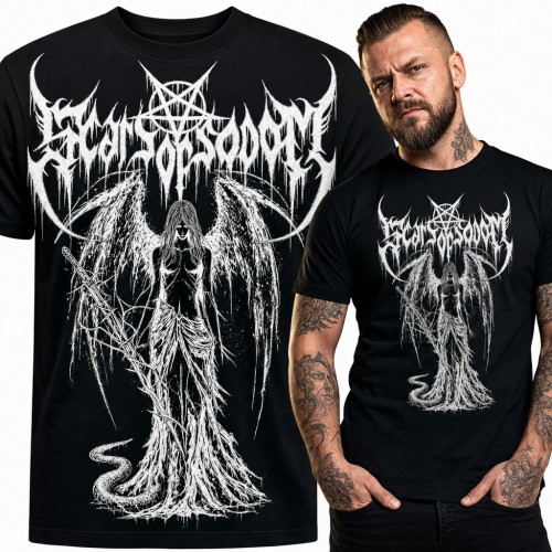 Koszulka męska black metal „Scars of Sodom” - skrzydlaty anioł z mieczem i wężem