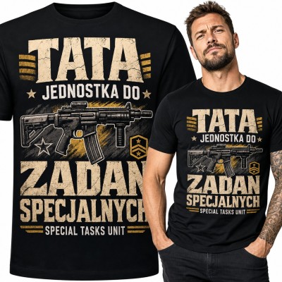 Koszulka męska „Tata jednostka do zadań specjalnych” z karabinem