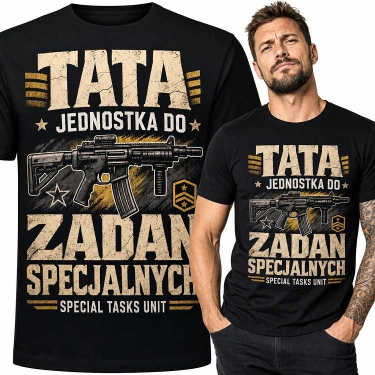 Koszulka męska „Tata jednostka do zadań specjalnych” z karabinem