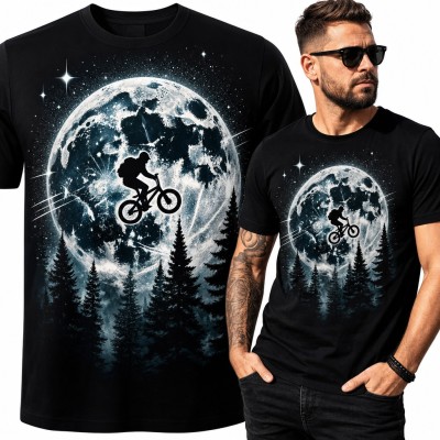 Koszulka męska rowerzysta BMX na tle pełni księżyca nad lasem