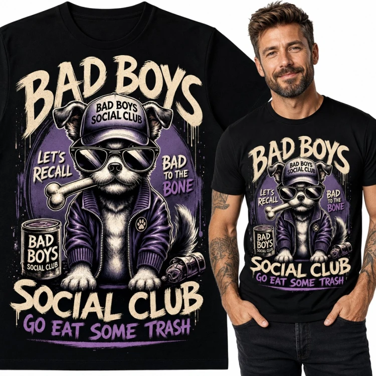 Koszulka męska z psem w okularach „Bad Boys Social Club” - dla psiarza