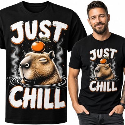 Koszulka męska z kapibarą z mandarynką na głowie - „Just chill”