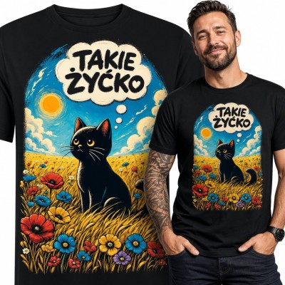 Koszulka męska „Takie życko” - czarny kot na łące z makami