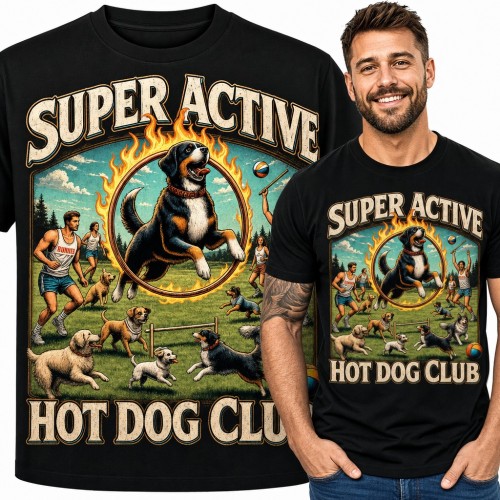 Koszulka męska „Super Active Hot Dog Club” - pies w płonącej obręczy dla psiarza