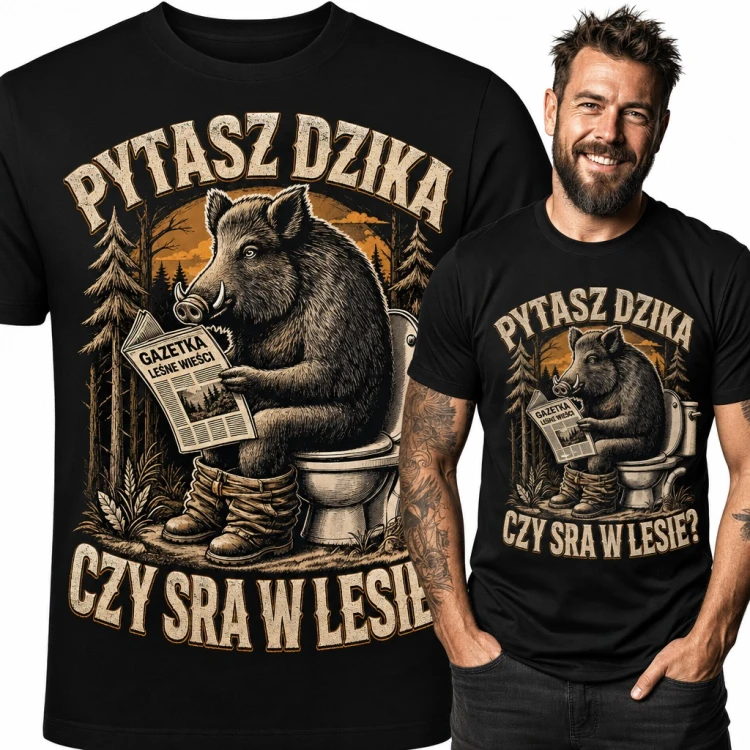 Koszulka męska z dzikiem na sedesie „Pytasz dzika czy sra w lesie?”