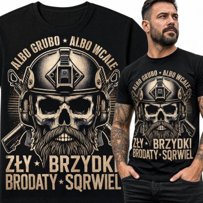 Koszulka męska „Zły brzydki brodaty sqrwiel” - czaszka w hełmie taktycznym