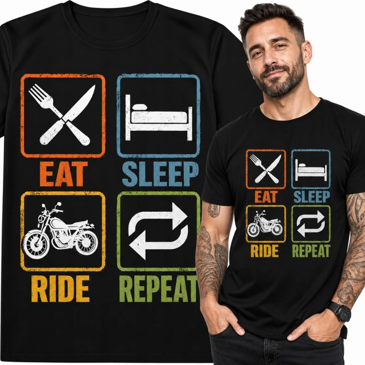 Koszulka męska dla motocyklisty „Eat Sleep Ride Repeat” - retro motyw