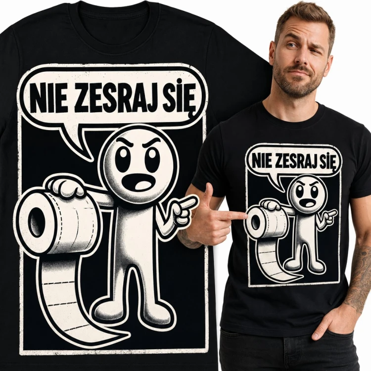Koszulka męska „Nie zesraj się” - wkurzony ludzik z rolką papieru toaletowego