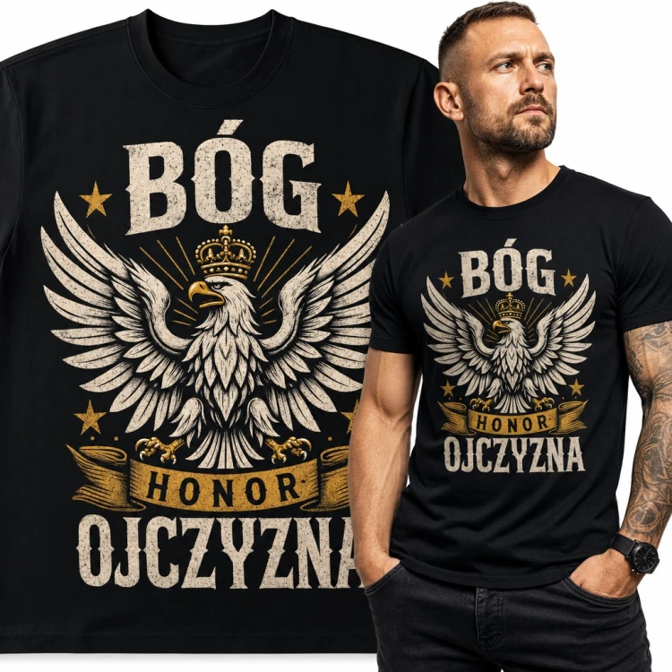 Koszulka męska „Bóg Honor Ojczyzna” - orzeł w koronie dla patrioty