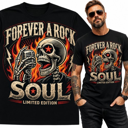 Koszulka męska „Forever a Rock Soul” - śpiewający szkielet z mikrofonem dla fana rocka