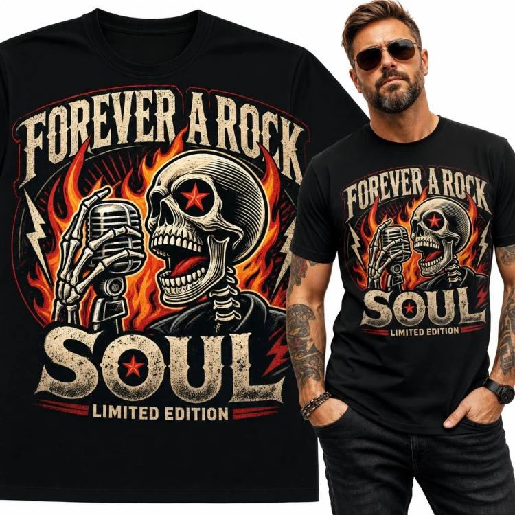 Koszulka męska „Forever a Rock Soul” - śpiewający szkielet z mikrofonem dla fana rocka
