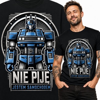 Koszulka męska z robotem-samochodem i napisem „Nie piję, jestem samochodem”