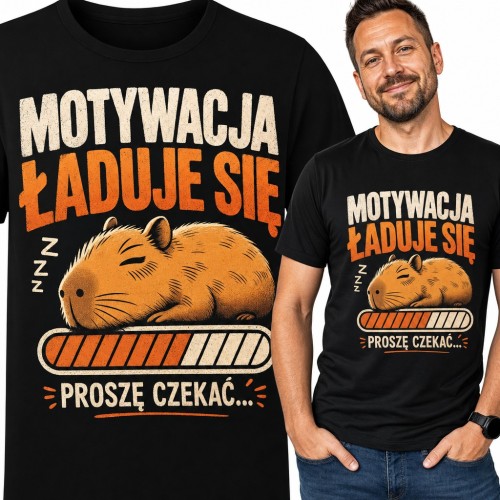 Koszulka męska z kapibarą „Motywacja ładuje się, proszę czekać...” - śpiący leniuch na pasku ładowania