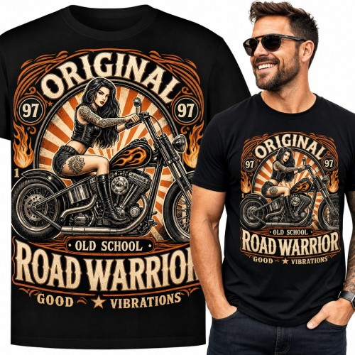 Koszulka męska „Road Warrior” - motocyklistka na chopperze old school