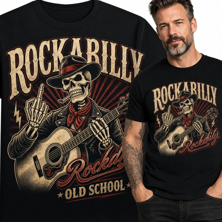 Koszulka męska „Rockabilly” - szkielet z gitarą akustyczną w kowbojskim kapeluszu