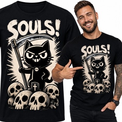 Koszulka męska „Souls!” - czarny kot z kosą na czaszkach