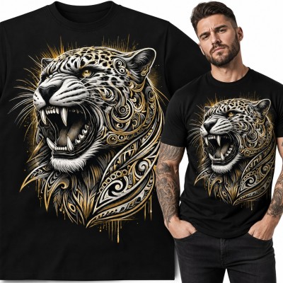 Koszulka męska z ryczącym jaguarem w złote ornamenty tribal