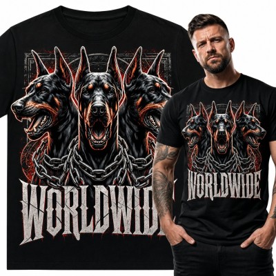 Koszulka męska „Worldwide” - trzy dobermany w łańcuchach