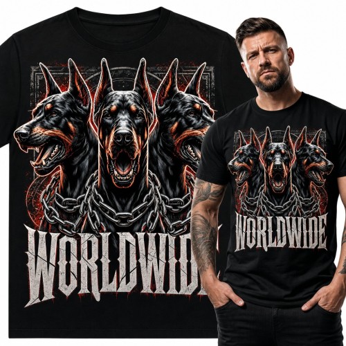 Koszulka męska „Worldwide” - trzy dobermany w łańcuchach