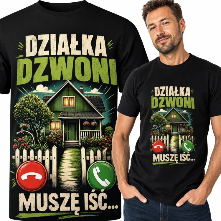Koszulka męska „Działka dzwoni, muszę iść...” - domek z ogrodem dla działkowca