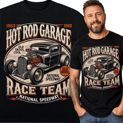 Koszulka męska „Hot Rod Garage Race Team” - retro auto z silnikiem V8