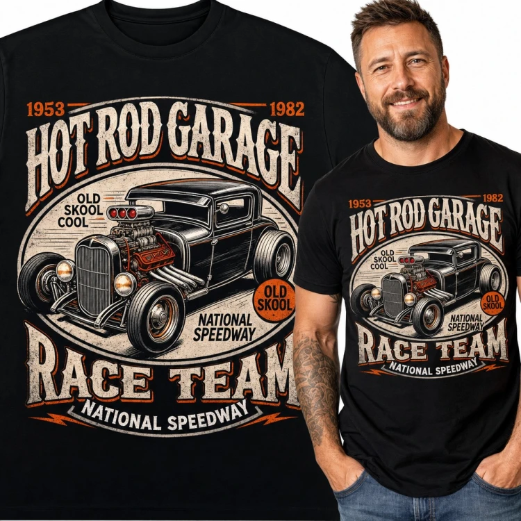 Koszulka męska „Hot Rod Garage Race Team” - retro auto z silnikiem V8