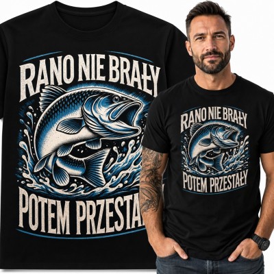 Koszulka męska „Rano nie brały, potem przestały” z okoniem dla wędkarza