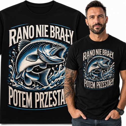 Koszulka męska „Rano nie brały, potem przestały” z okoniem dla wędkarza