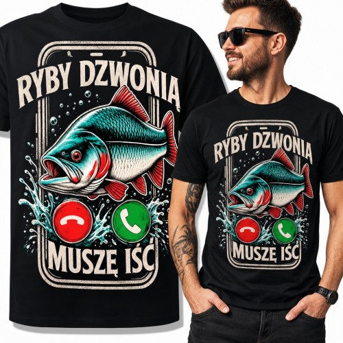 Koszulka męska „Ryby dzwonią, muszę iść” z karpiem na ekranie telefonu - dla wędkarza