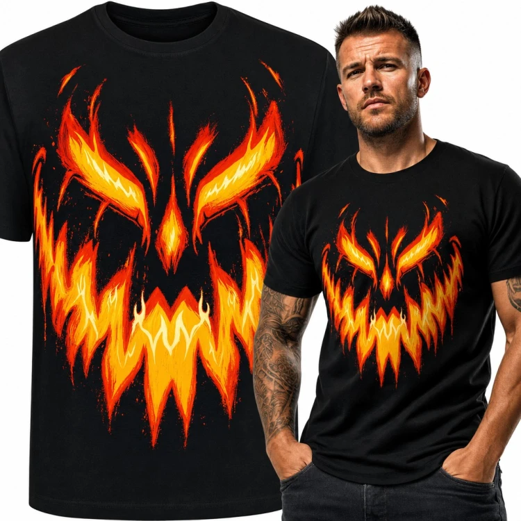 Koszulka męska płonąca dynia Halloween - demoniczna twarz z ognia