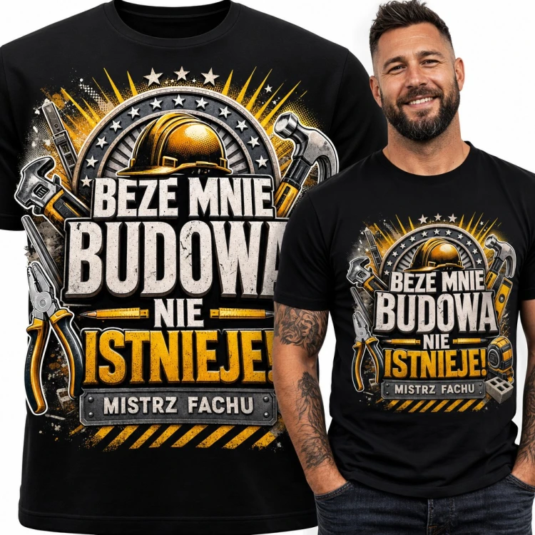 Koszulka męska dla budowlańca „Beze mnie budowa nie istnieje!” - kask i narzędzia