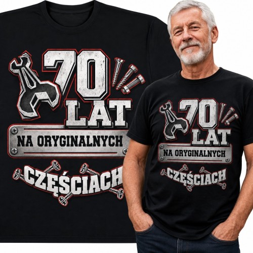 Koszulka męska „70 lat na oryginalnych częściach” - na 70 urodziny z kluczem i śrubami