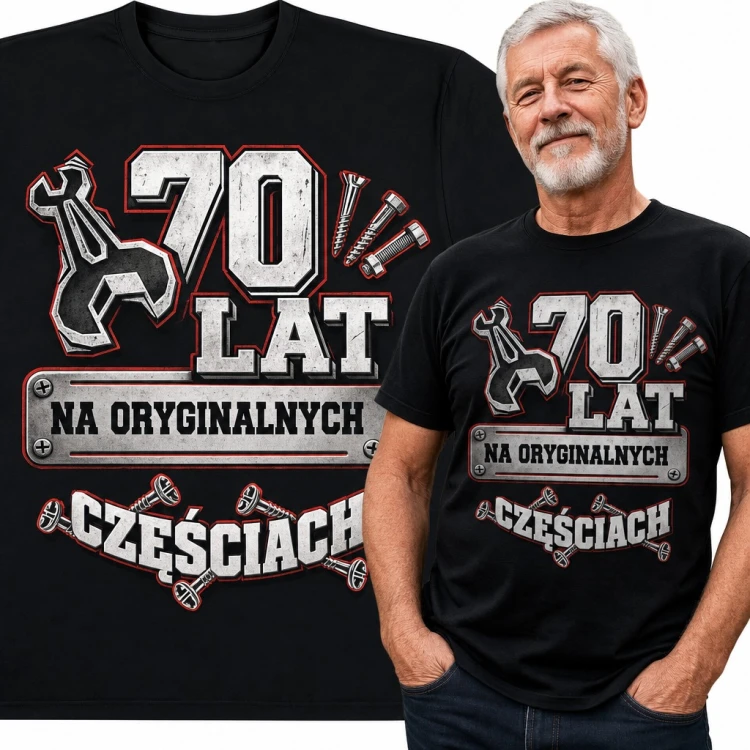 Koszulka męska „70 lat na oryginalnych częściach” - na 70 urodziny z kluczem i śrubami