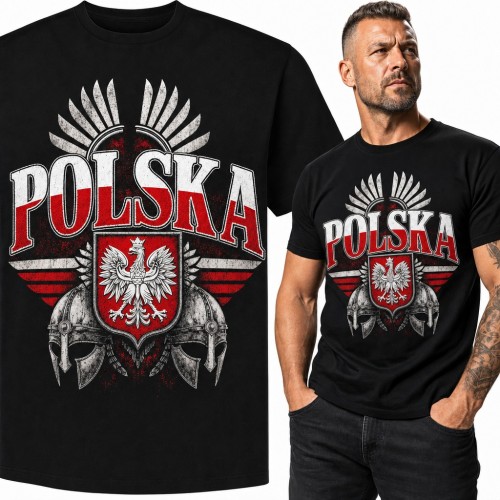Koszulka męska „Polska” - orzeł na tarczy, husarskie skrzydła i hełmy wojów