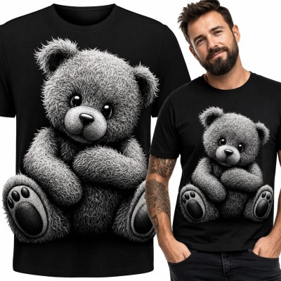 Koszulka męska z pluszowym misiem - realistyczny teddy bear w szarościach