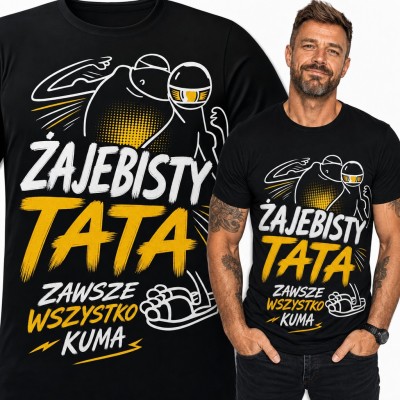 Koszulka męska „Żajebisty tata zawsze wszystko kuma” - komiksowy prezent dla taty