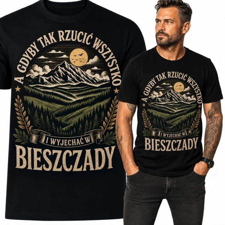 Koszulka męska „A gdyby tak rzucić wszystko i wyjechać w Bieszczady” - górski pejzaż dla turysty