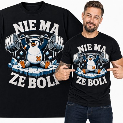 Koszulka męska z pingwinem na siłowni „Nie ma ze boli”