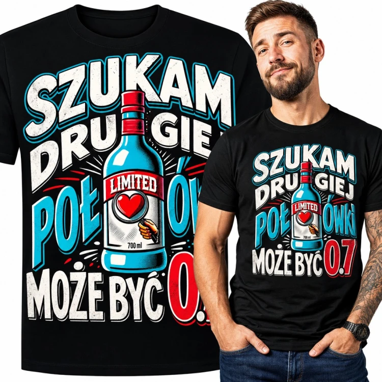 Koszulka męska „Szukam drugiej połówki może być 0.7” - butelka wódki z sercem