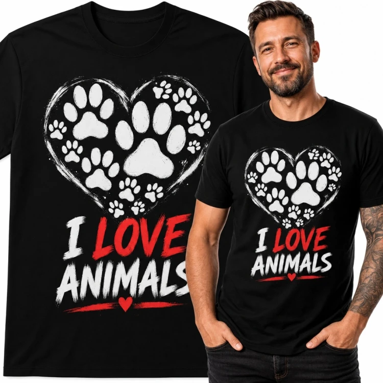 Koszulka męska z sercem z odcisków łap „I Love Animals”