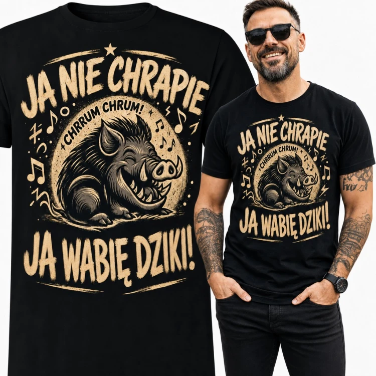 Koszulka męska „Ja nie chrapie, ja wabię dziki!” - śmiejący się dzik dla myśliwego