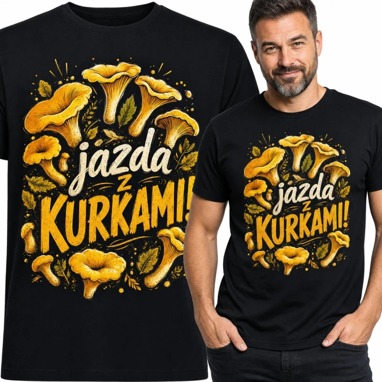 Koszulka męska „Jazda z kurkami!” - żółte grzyby dla grzybiarza