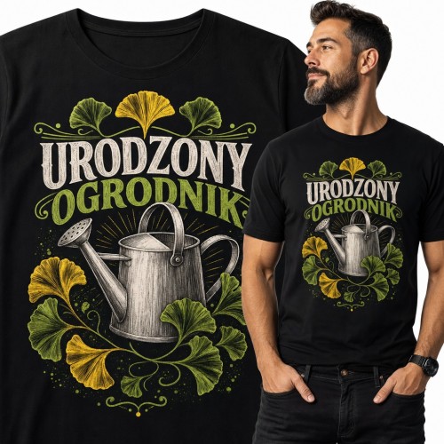 Koszulka męska „Urodzony ogrodnik” - konewka i liście miłorzębu dla działkowca